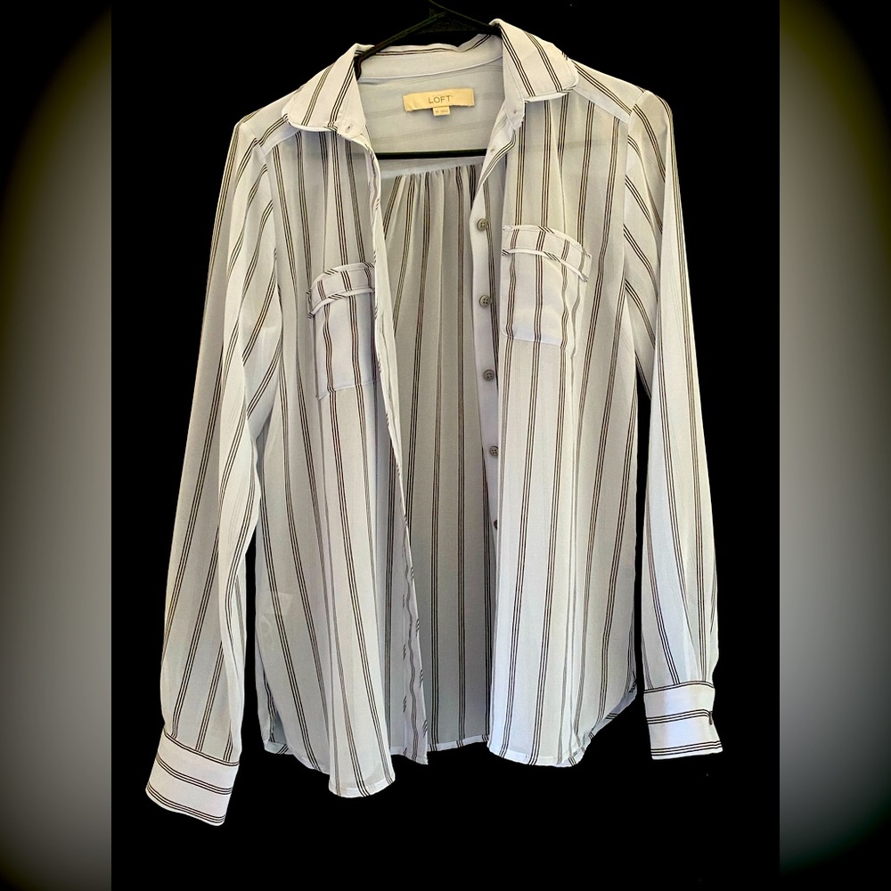 Loft long sleeve button down blouse size Xs baby blue and thin white striped